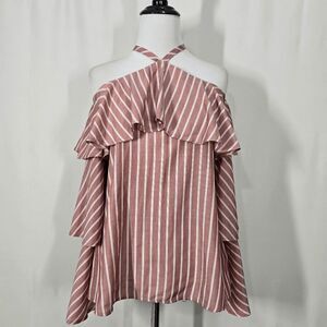 Express Ruffle Terracotta and White Long Sleeve Cold Shoulder Halter Top Small